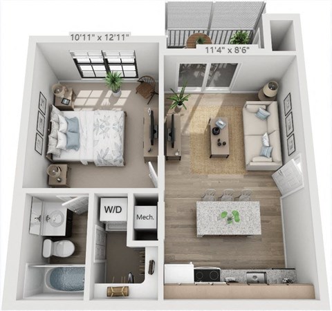 Floor plan for 1 bed, 1 bath, 533 sqft